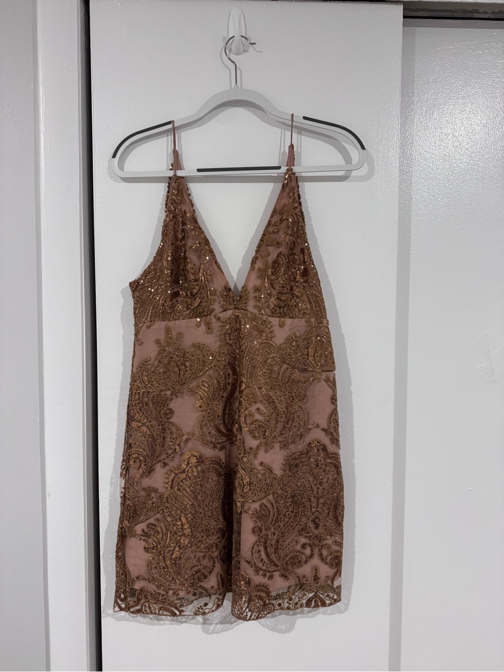 Free People Rose Taupe Mini Dress with Gold Sequin Embroidery